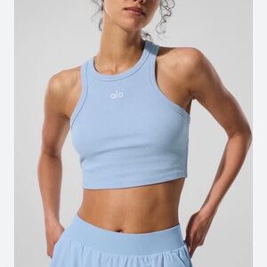 ALO Yoga Women's Aspire Tank in seashell Blue/white